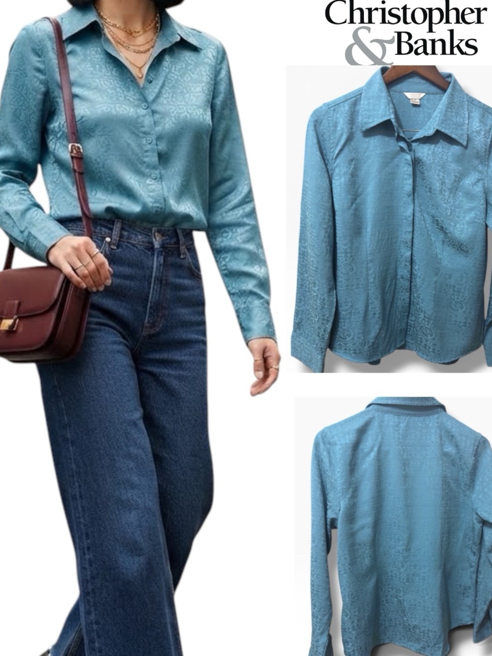 Christopher&Banks|NWOT Indonesia Teal Jacquard Long Sleeve Button-Down Shirt (M)